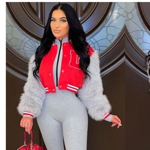 Red varsity jacket style with fur arms